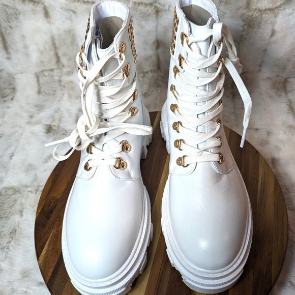 * Mata Shoes White Vegan Leather Studded Detail Fashion Combat Ankle Boots - Picture 5 of 15